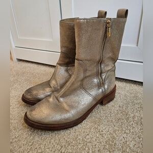 Tory Burch Stylish Women's Size 8.5 Gold Shimmer Shiny Ankle Heeled Boots